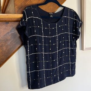 Club Monaco Navy Crystal Studded 100% Silk Blouse